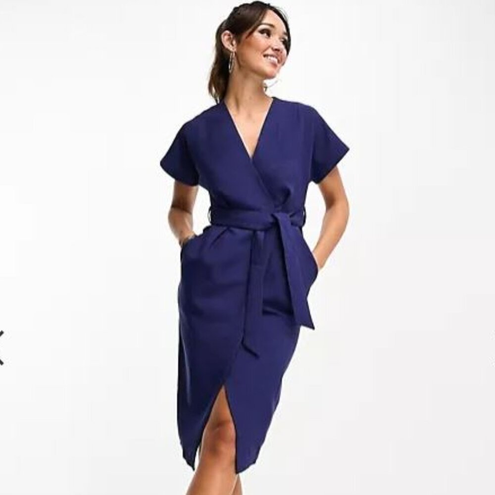 Closet London wrap tie midi dress in navy
